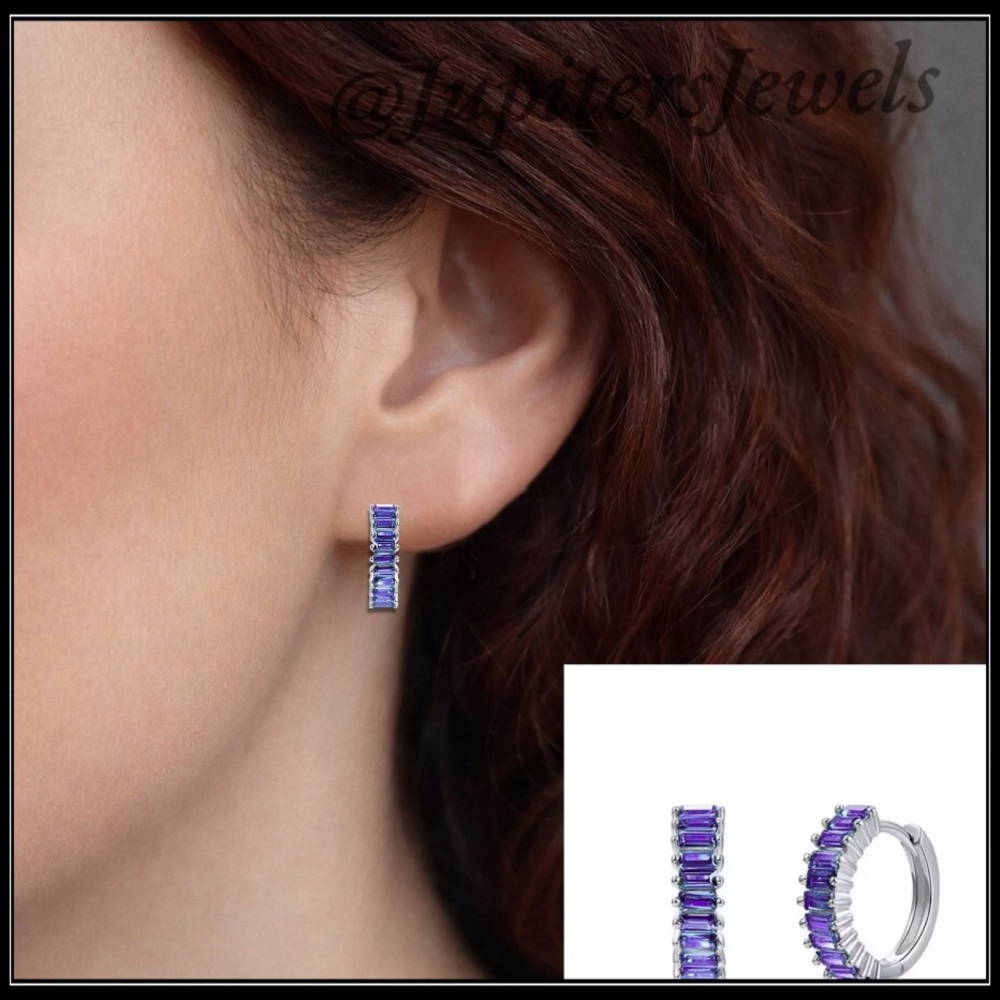 New Sterling Purple Tanzanite Baguette Stone Hoop Earrings